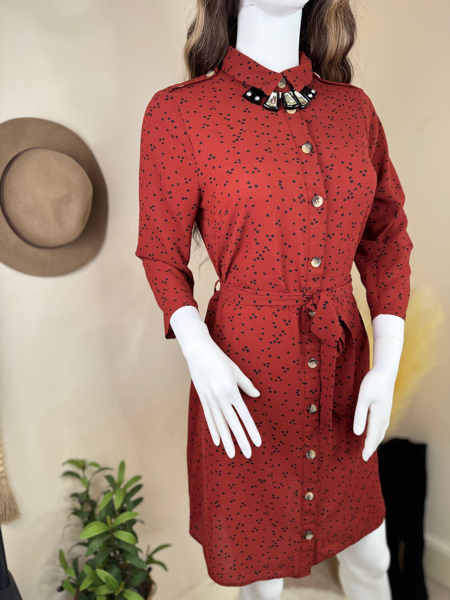 Women’s Red Shirt Dress – Long Sleeve Button Down with Belt UK 10