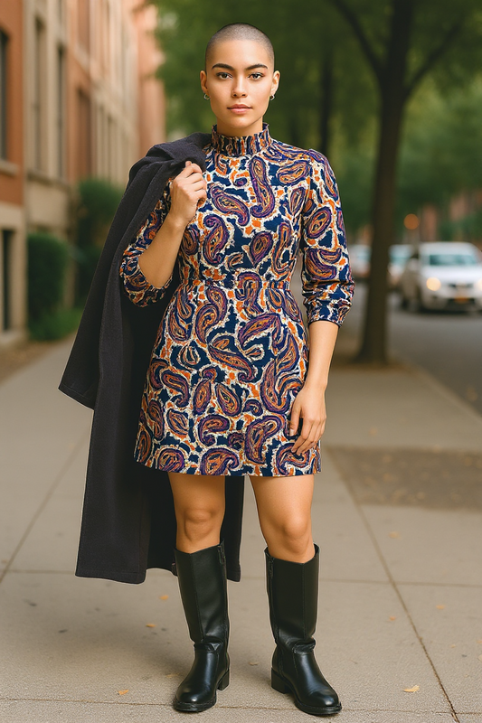 Women’s Long Sleeve Mini Dress – Boho Paisley Print Autumn Style UK8