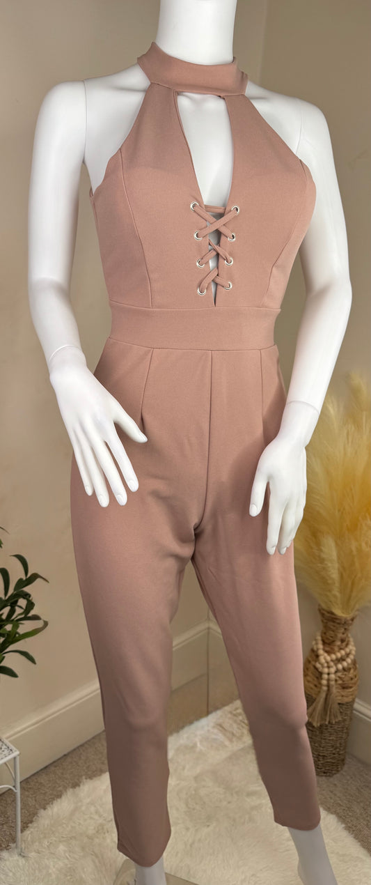 Women’s Halter Jumpsuit – Lace Front Evening Playsuit Pink– UK Size 10