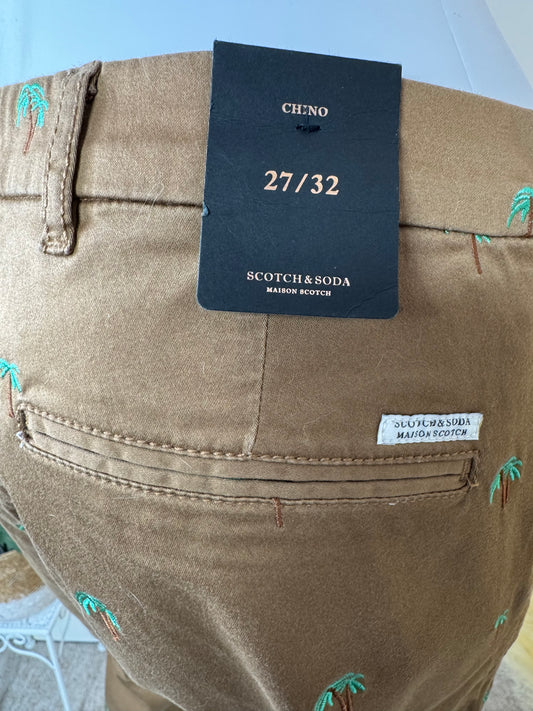 Women's Brown chino trousers- palm tree embroidery – UK Size 10( W27 L32) – Maison Scotch