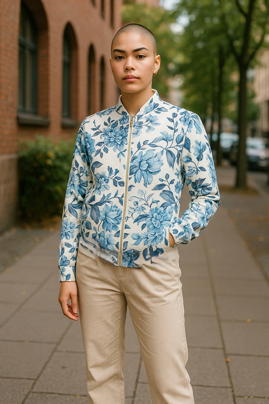 Women’s Zip Jacket with Pockets – Sizes UK 10 & 14, Blue Floral Detail