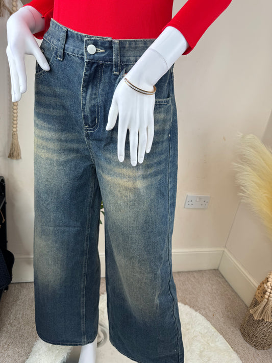 Women’s Wide Leg Jeans – UK Size 8 – High Waist Cropped Denim