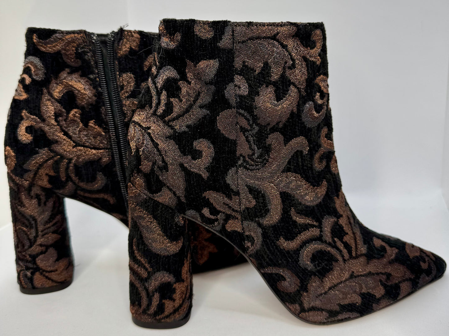 Women’s Black Ankle Boots UK 5 (EU 38) – CafeNoir Embroidered Baroque Pattern, Block Heel