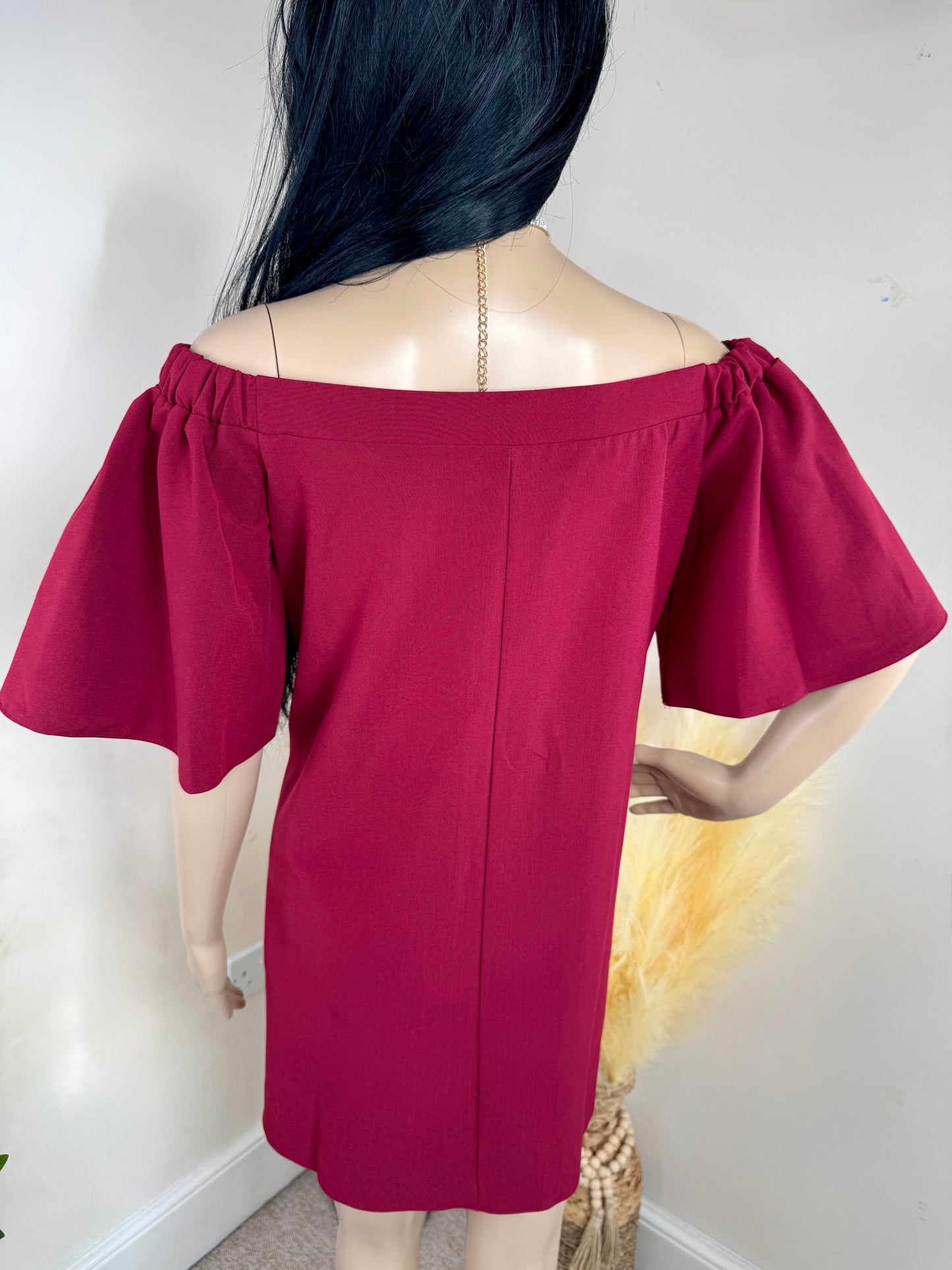 Burgundy Off Shoulder Mini Dress – Women’s Uk Size 10, Flared Sleeve Cocktail Party Outfit