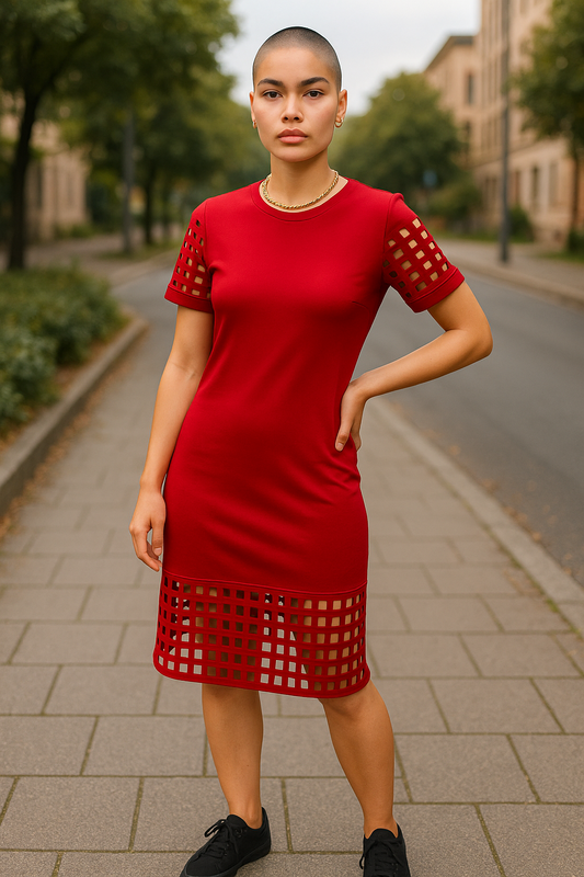 Women’s party midi dress with cut-out sleeves – red or blue – UK Size 10 & 12