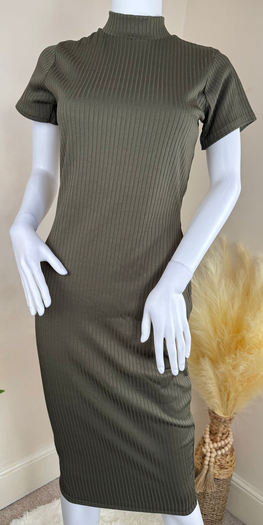 Women’s Ribbed Midi Dress – Khaki Fitted Mock Neck Short Sleeve UK 12 & 14