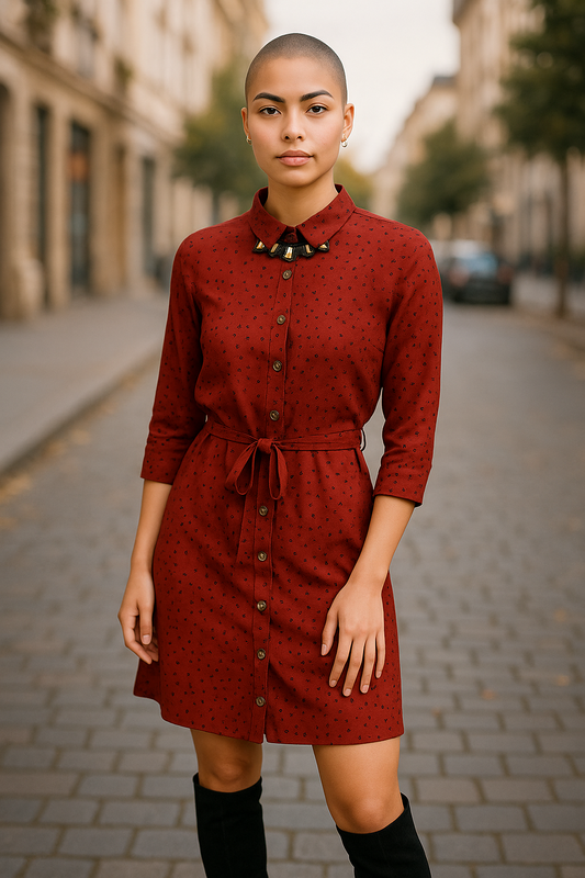 Women’s Red Shirt Dress – Long Sleeve Button Down with Belt UK Size 10