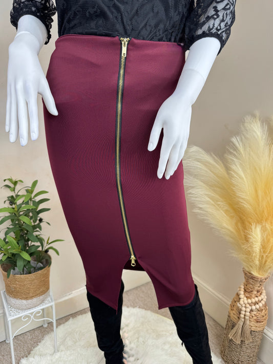 Women’s Burgundy Pencil Skirt – Midi Length, Zip Front, Size UK 8