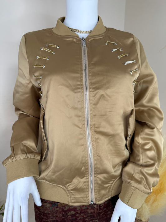 Women’s Bomber Jacket with Safety Pin Detail – Khaki Green UK 8 / Gold Satin UK 10