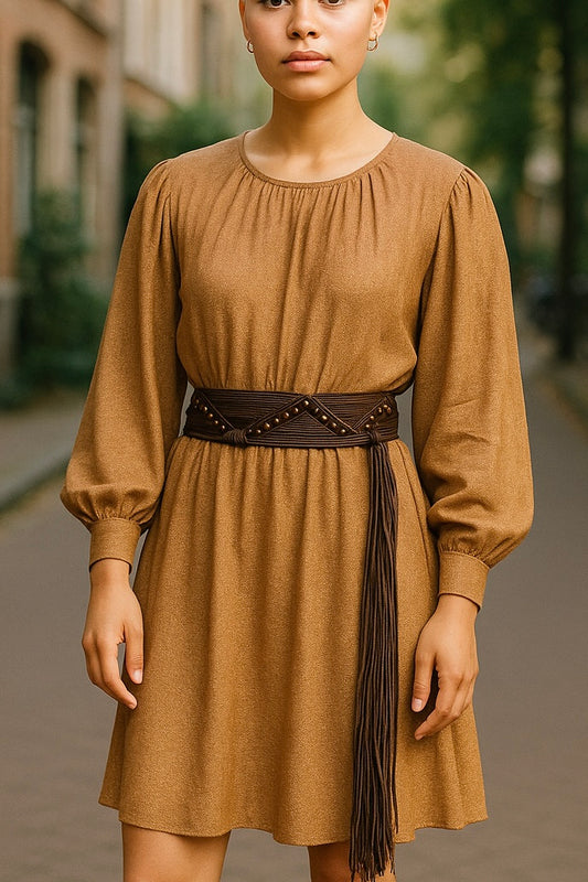 Women’s Brown Boho Macramé Waist Belt with Wooden Beads – Adjustable One Size