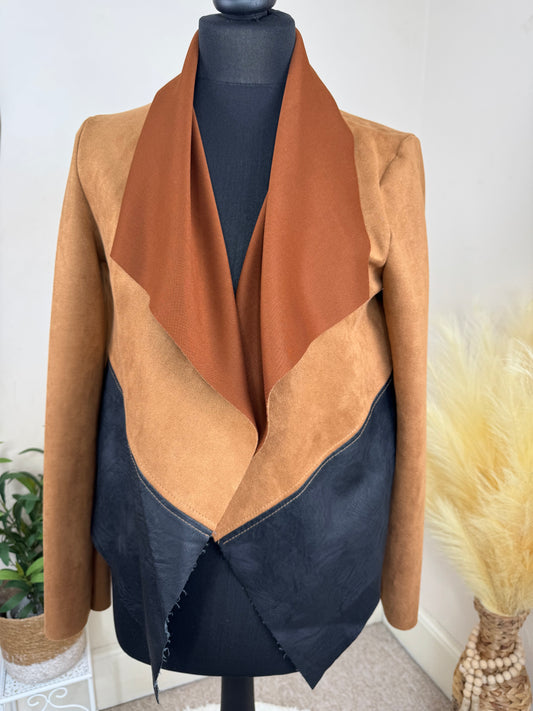 Women’s Suede Look Waterfall Jacket Brown & Black – Open Front Layering Coat UK 8