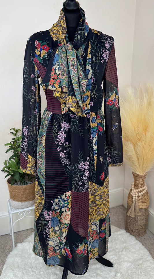 Women’s Boho Patchwork Midi Dress – Tie Neck Long Sleeve UK Size 10