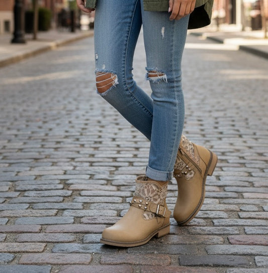 Women’s Tan Ankle Boots UK 5 – Faux Leather Lace Panel with Buckle Strap Stud Detail