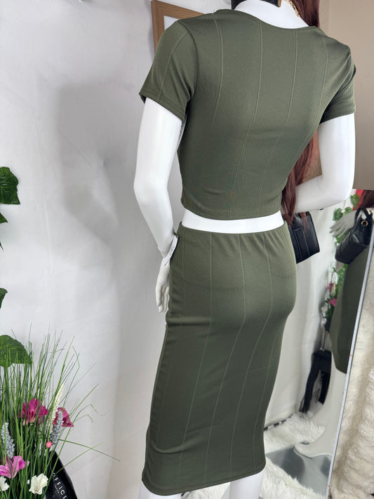 Women’s Khaki Co-Ord Set – Crop Top & Midi Skirt Size 8