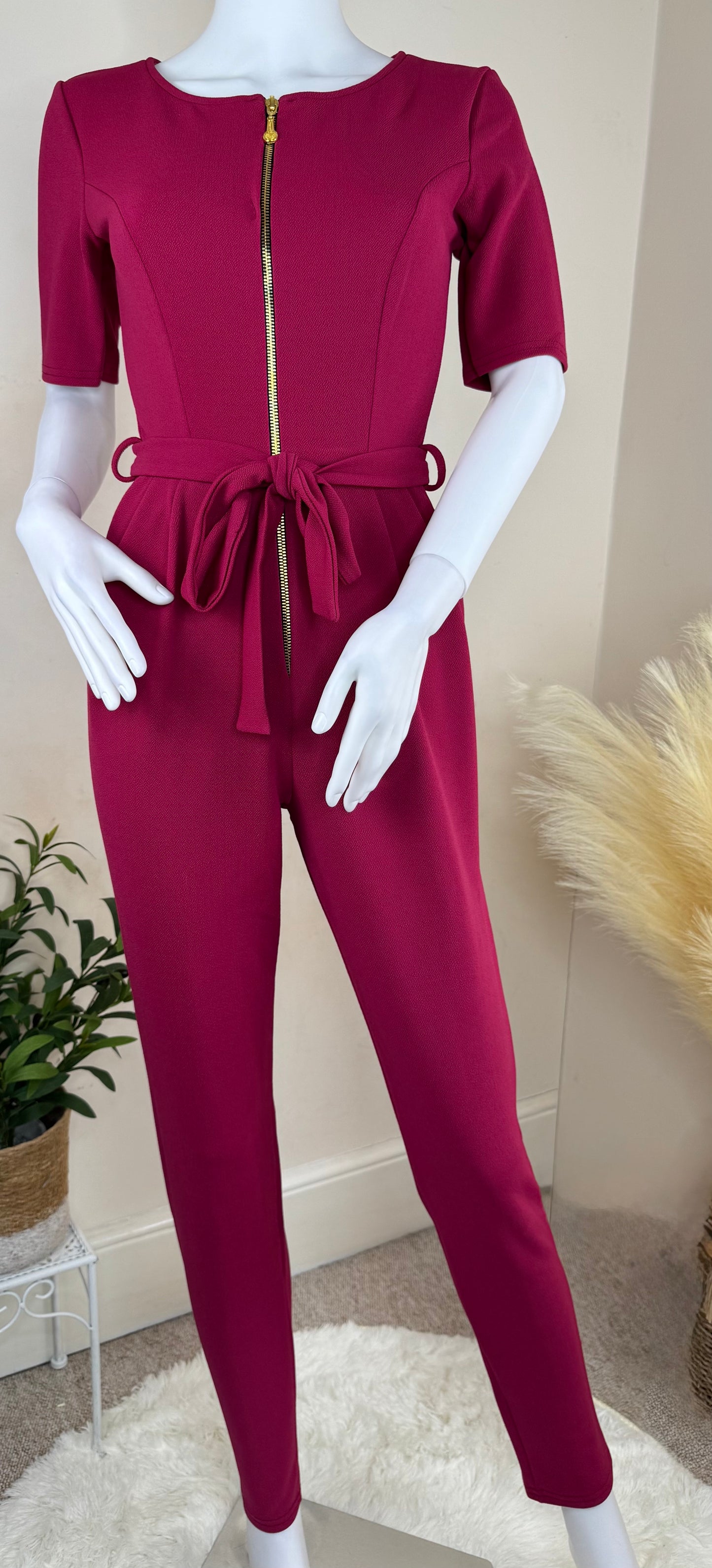 Women’s Burgundy Jumpsuit – Size 10 (Small Fit) – Short Sleeve, Tie Waist, UK Made