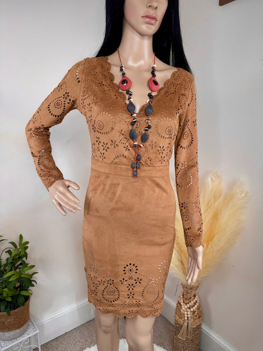 Women's Brown Suede Look Mini Dress – Laser Cut Long Sleeve Bodycon, Size S UK 8