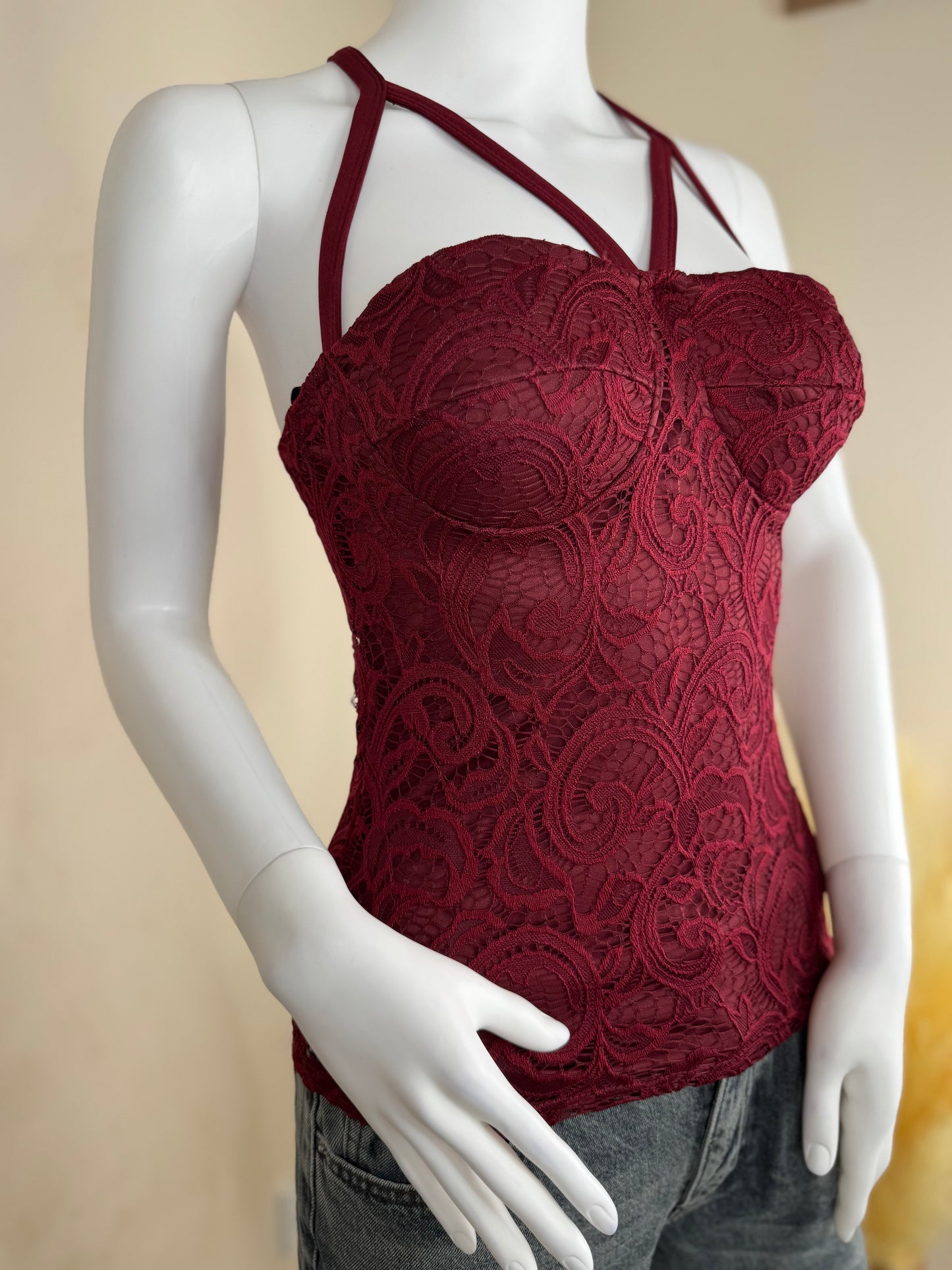 Women’s  Lace Cami Top – Strappy Evening Top UK Sizes ( 8/10), Burgundy