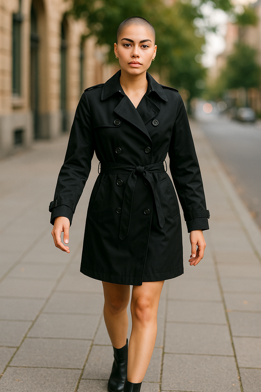 Women’s Black Trench Coat – Double Breasted Belted Jacket – Size UK 10