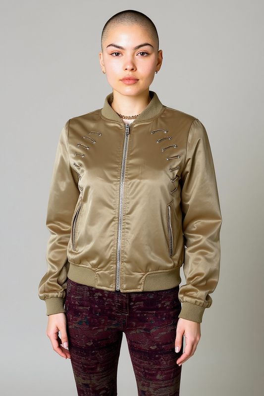 Women’s Bomber Jacket with Safety Pin Detail – Khaki Green UK 8 / Gold Satin UK 10