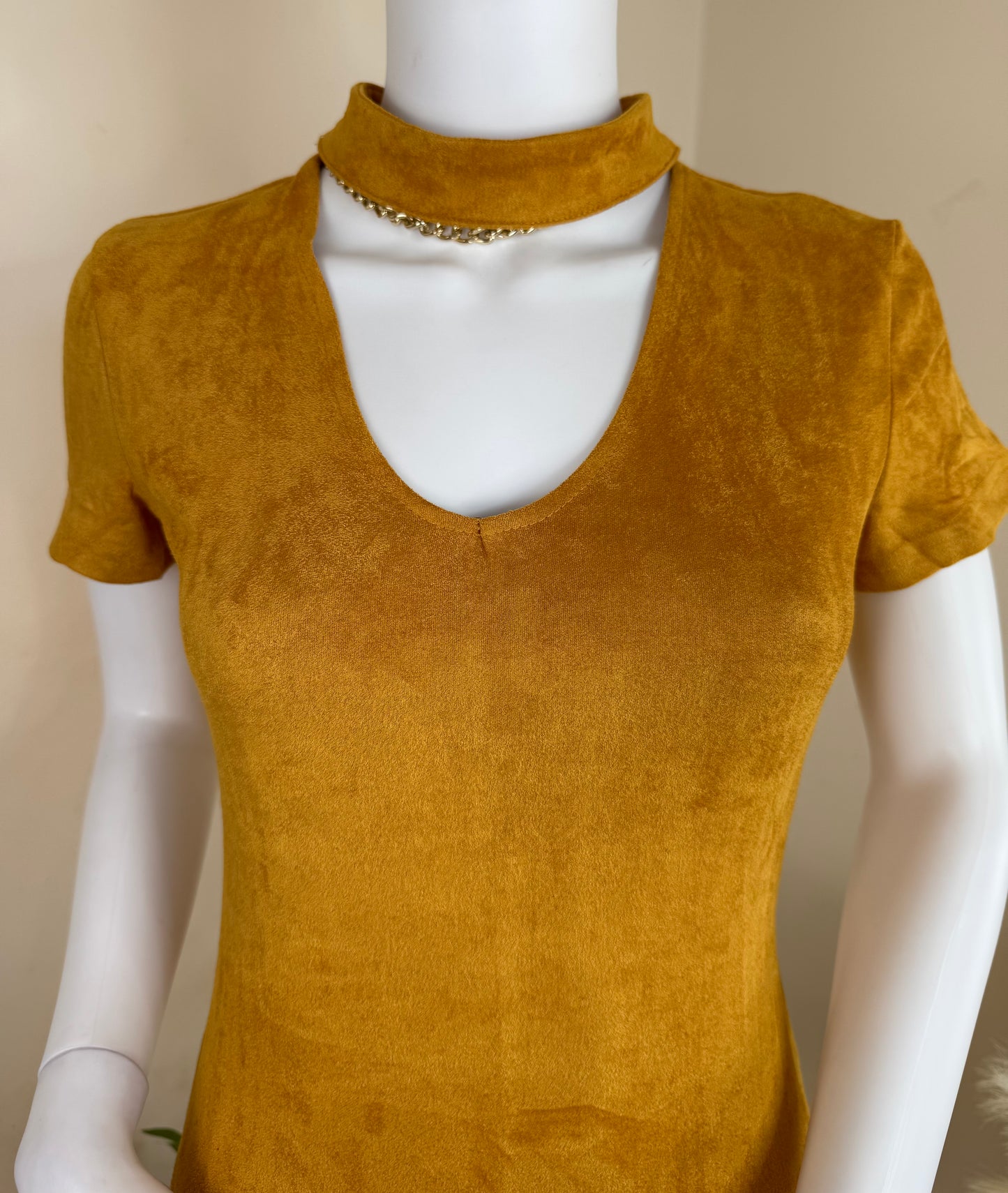 Women’s Mini Dress UK 10 – Yellow Suede Look with Choker Neck