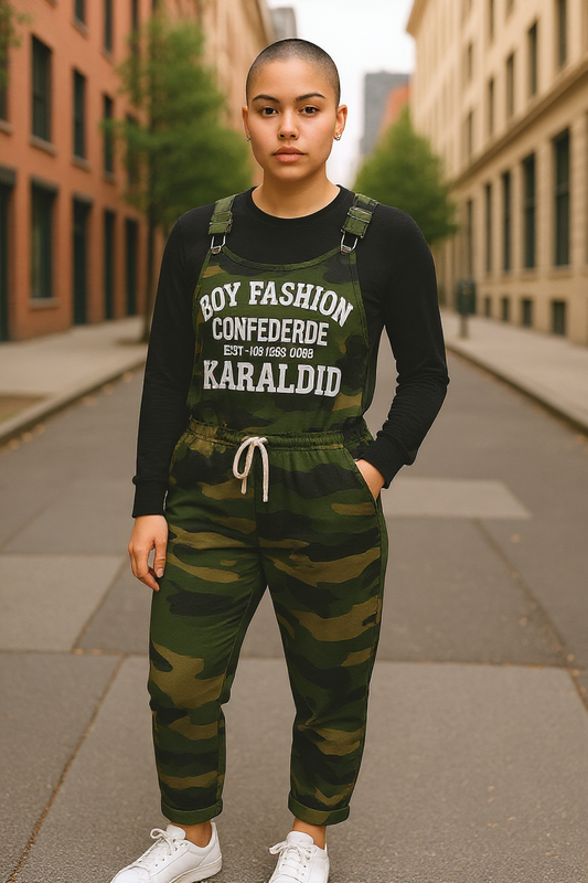 Women’s Camo Utility Jumpsuit – Cargo Style with Adjustable Straps (UK 8)