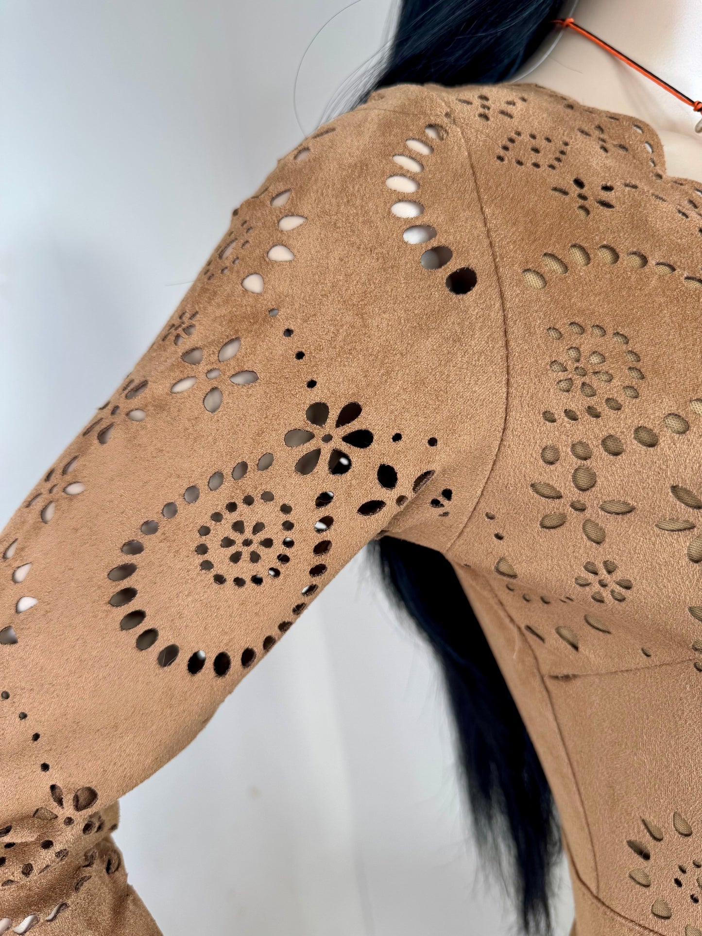 Women's Brown Suede Look Mini Dress – Laser Cut Long Sleeve Bodycon, Size S UK 8