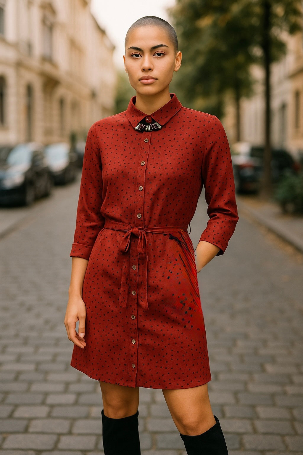 Women’s Red Shirt Dress – Long Sleeve Button Down with Belt UK 10