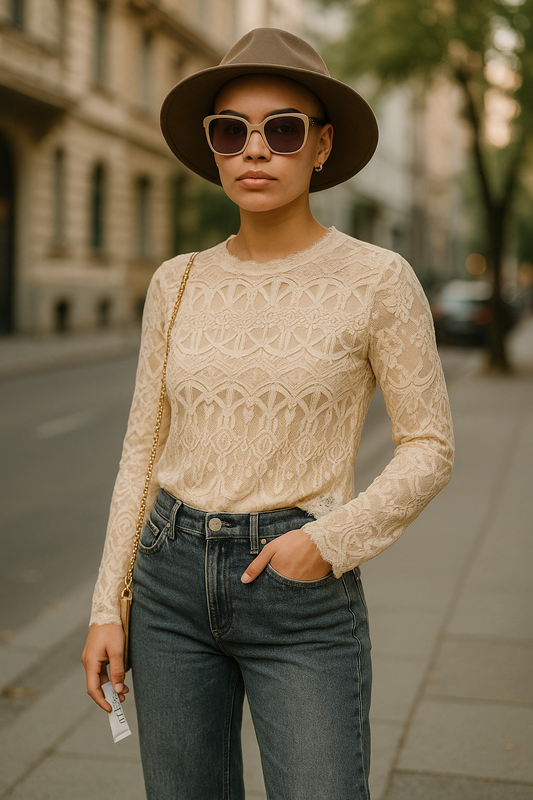 Women’s  Lace Blouse – Sheer Long Sleeve Top Ivory UK 10/12 Elegant Occasion Wear