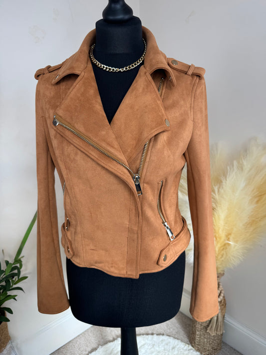 River Island Faux Suede Biker Jacket – Camel Brown, Size 10, Zip Detail