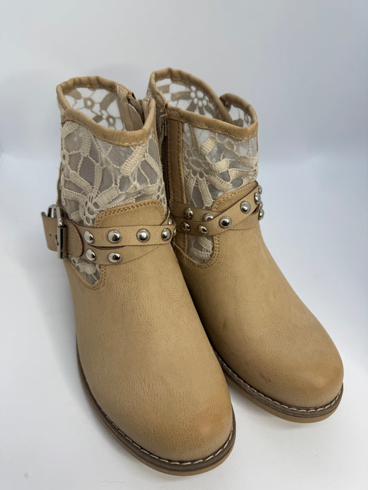 Women’s Tan Ankle Boots UK 5 – Faux Leather Lace Panel with Buckle Strap Stud Detail