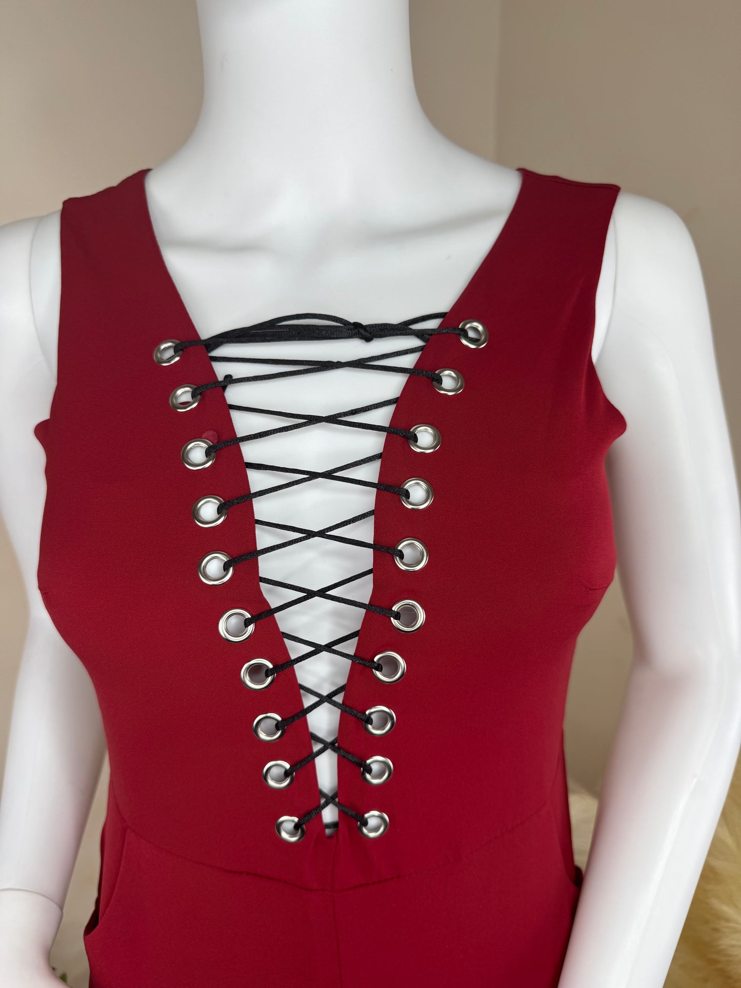 Women’s Lace-Up Front Jumpsuit – Black & Red – Sizes S/M