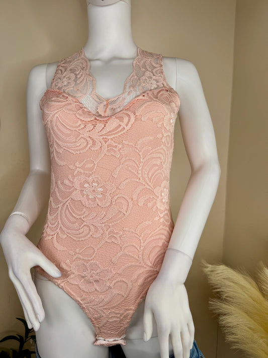 Women’s Bodysuit  Lace Sleeveless -  Pink Evening Top - size ( UK 10)