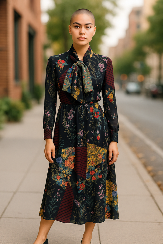 Women’s Boho Patchwork Midi Dress – Tie Neck Long Sleeve UK Size 10