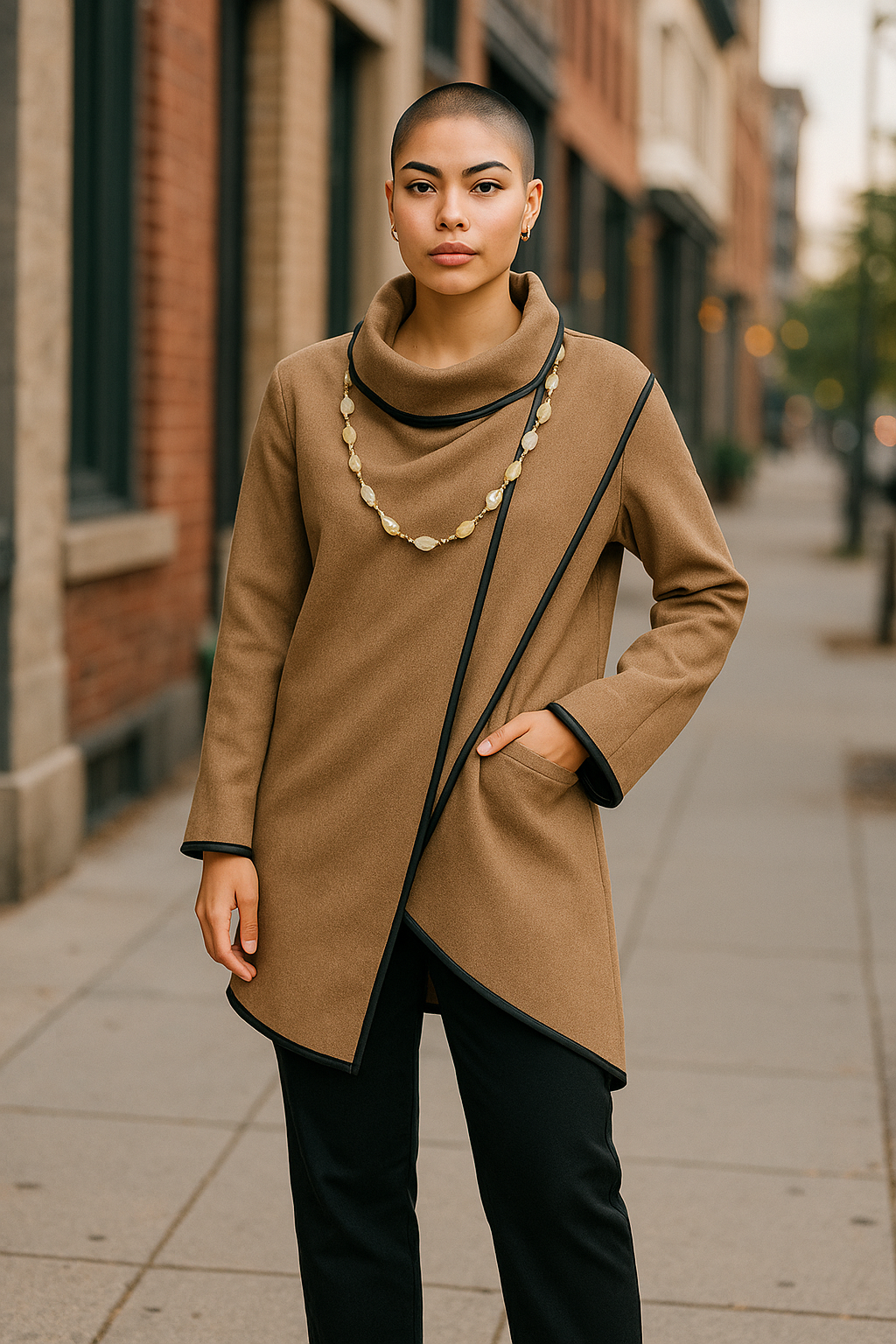 Women’s Camel Wrap Coat with Black Trim – Size L / UK