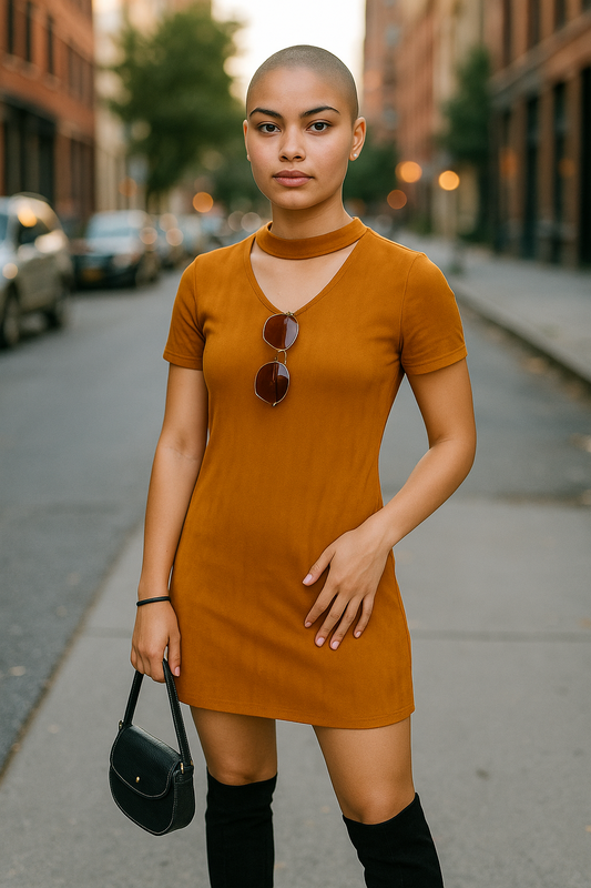 Women’s Mini Dress UK 10 – Yellow Suede Look with Choker Neck