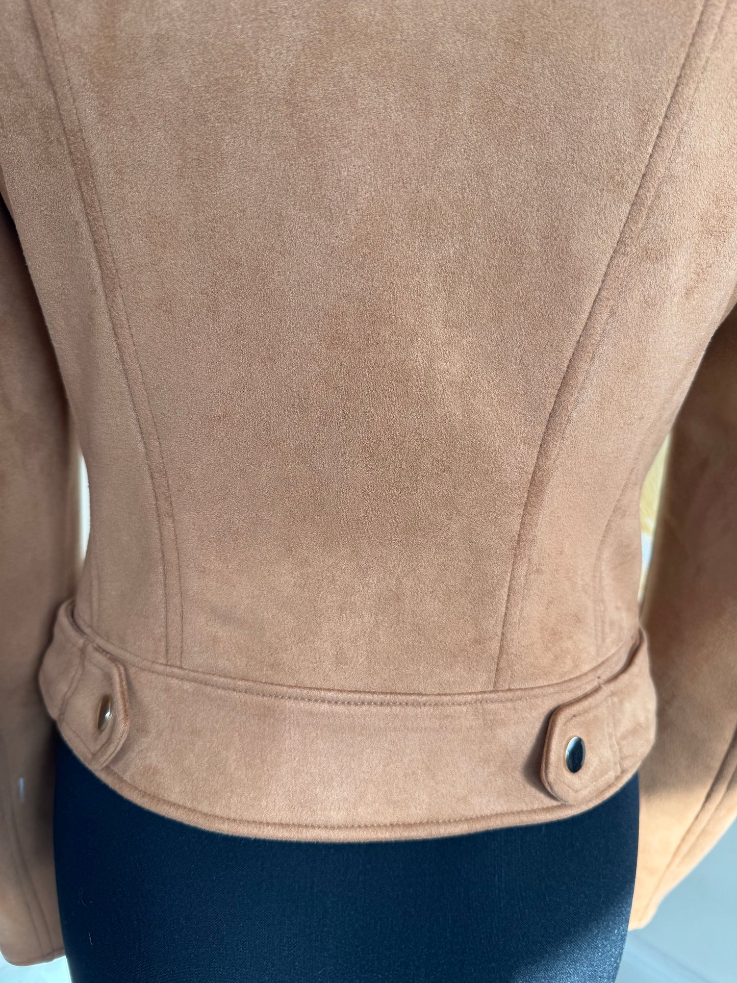 River Island Faux Suede Biker Jacket – Camel Brown, Size 10, Zip Detail