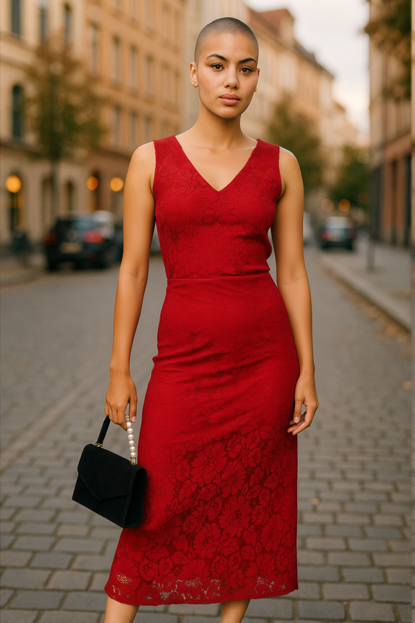 Women’s Red Lace Midi Dress – Sleeveless Occasion Wear UK size 12
