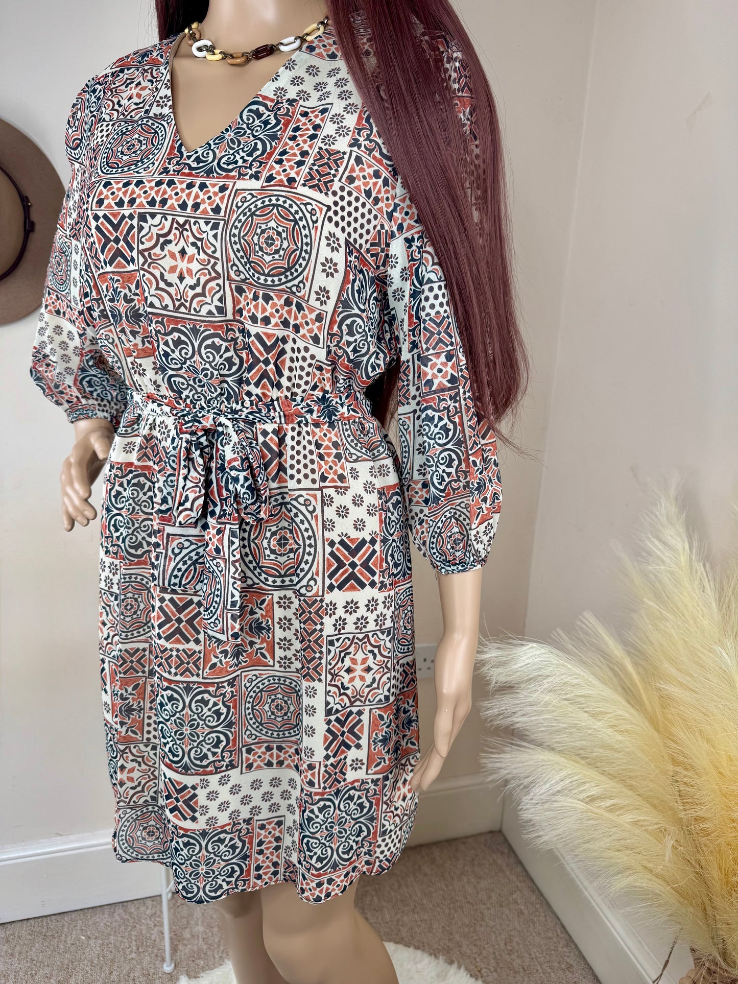 Women’s Boho Print Mini Dress – Long Sleeve Tie Waist – UK Size 12