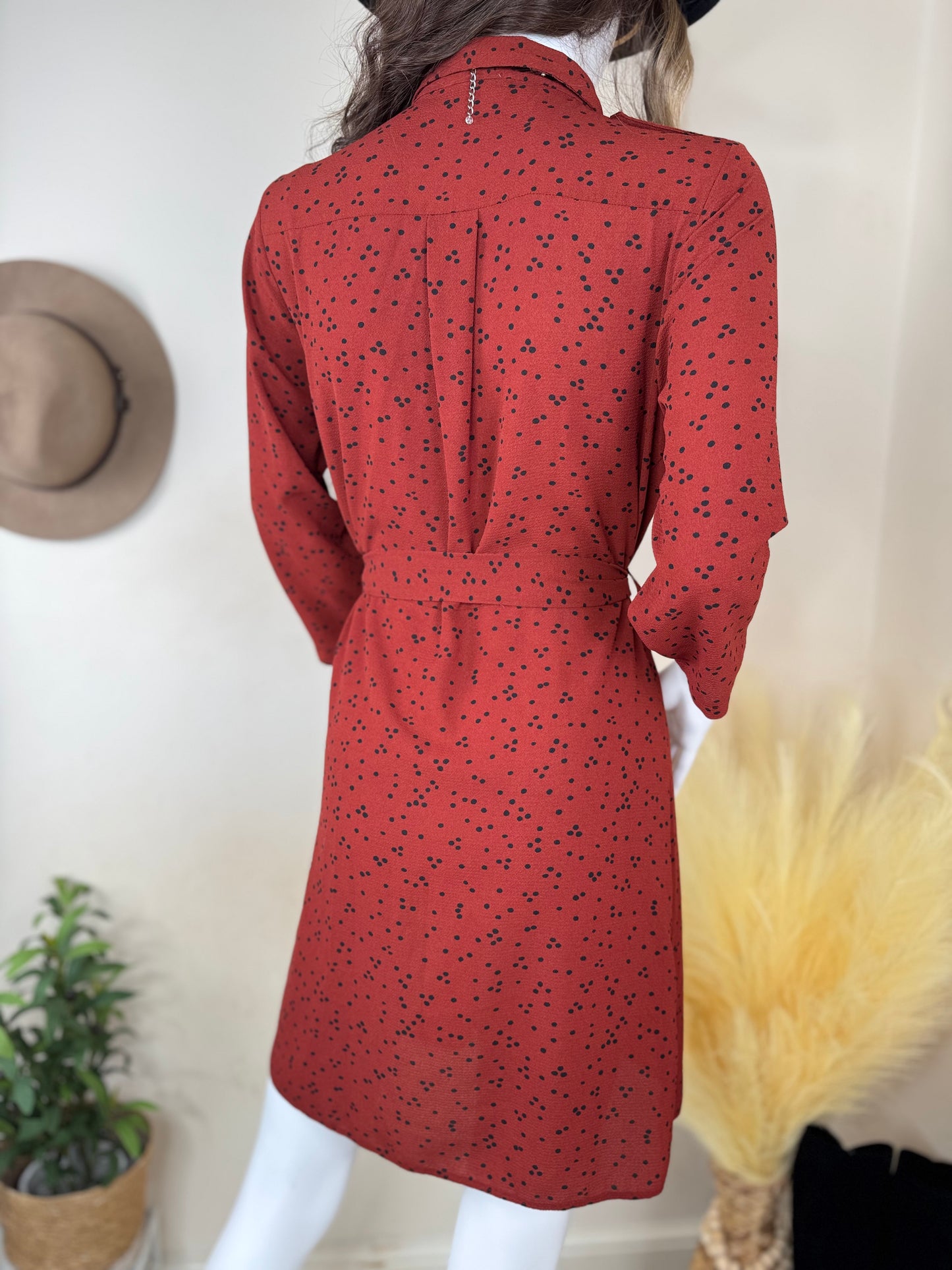 Women’s Red Shirt Dress – Long Sleeve Button Down with Belt UK 10