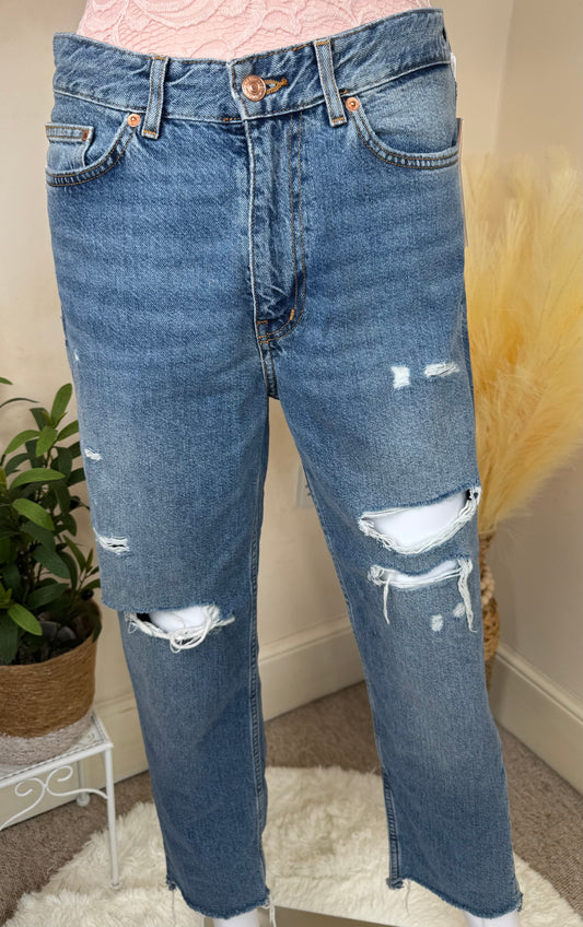 Women’s Blue Distressed Straight Leg Jeans High Waist – UK Size 10 (28)