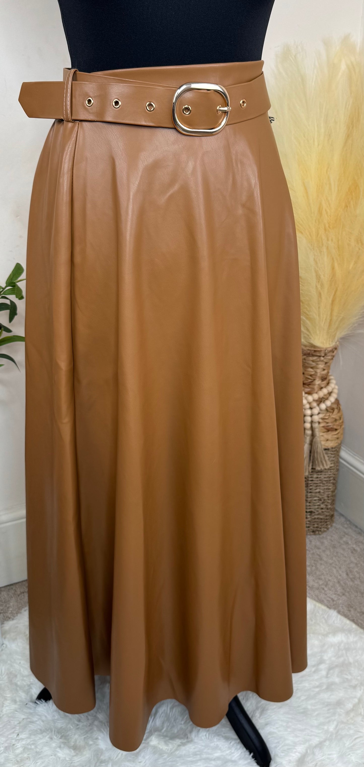 Women’s Tan Faux Leather Midi Skirt with Belt – Size 10