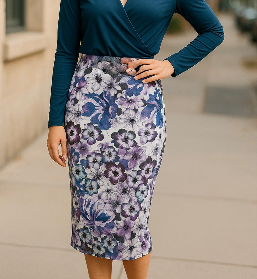 Women’s Floral Pencil Skirt – Purple Print – Size 10 (Fits Small)