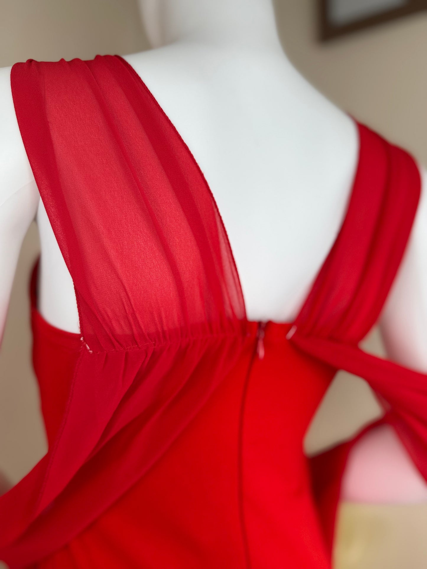 Red evening mini dress – cross strap detail – size 8
