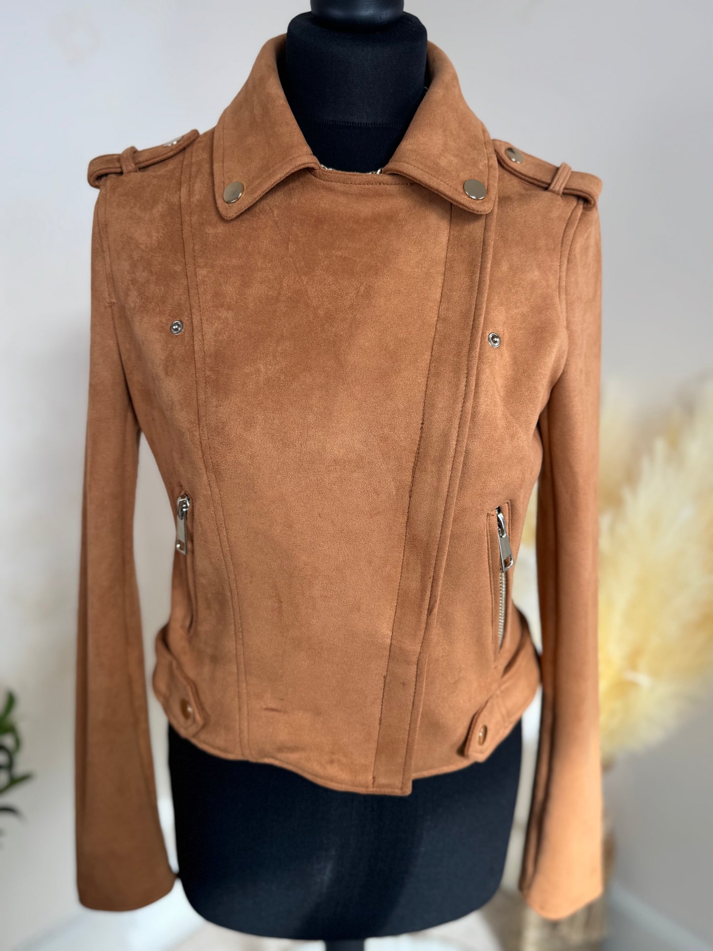 River Island Faux Suede Biker Jacket – Camel Brown, Size 10, Zip Detail