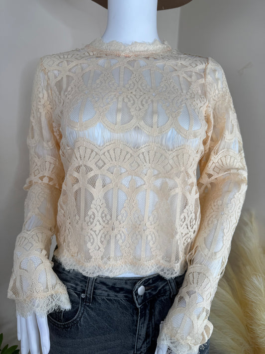 Women’s  Lace Blouse – Sheer Long Sleeve Top Ivory UK 10/12 Elegant Occasion Wear