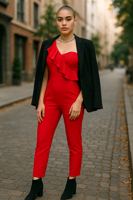 Women’s Red Party Jumpsuit – One Shoulder Evening Outfit with Ruffle Detail (UK 8)