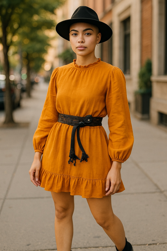 Women’s  Long Sleeve Mini Dress - Mustard Ruffle Hem UK Size 16