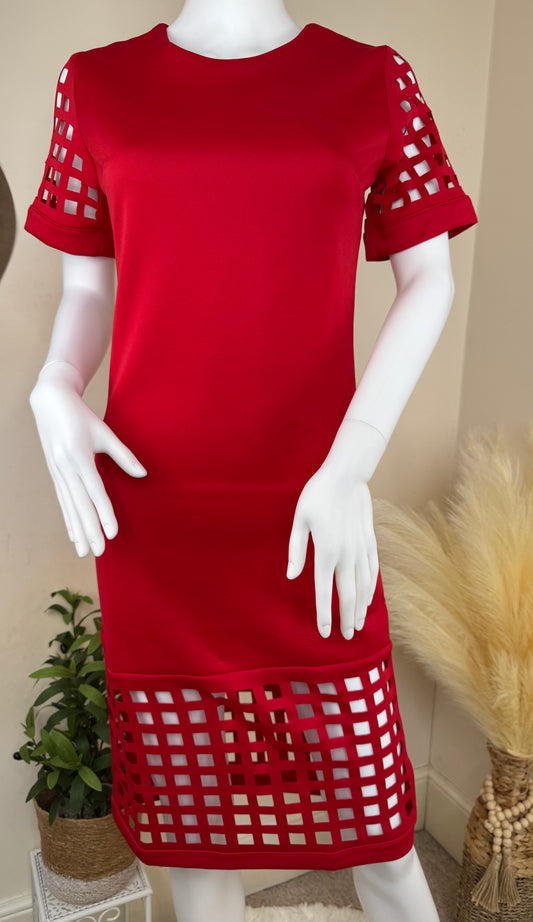 Women’s party midi dress with cut-out sleeves – red or blue – UK Size 10 & 12