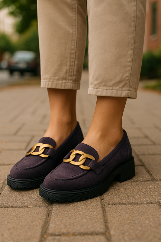 Women’s Suede Chunky Loafers – Flat Slip-On Shoes Purple with Gold Chain Detail
