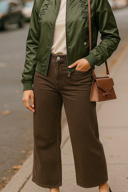 Women’s Wide Leg Jeans –  Brown High Waisted Casual Denim UK Size 8